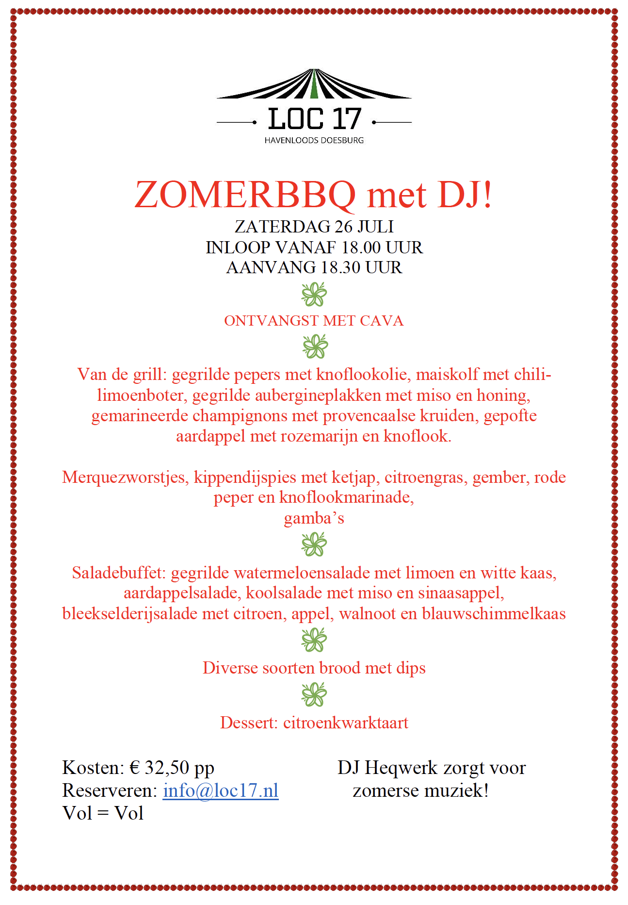 ZOMERBBQ met DJ ! Zat 26 juli